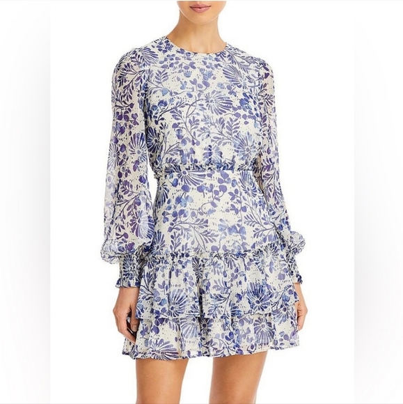 AQUA Floral Ruffled Mini Dress in Blue/White Size XL - Picture 1 of 12